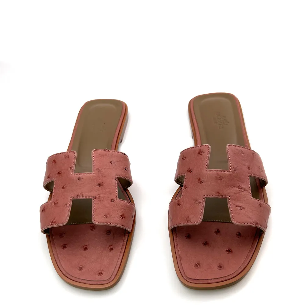 Hermes Rouge Blush Ostrich Oran Sandals 40.5