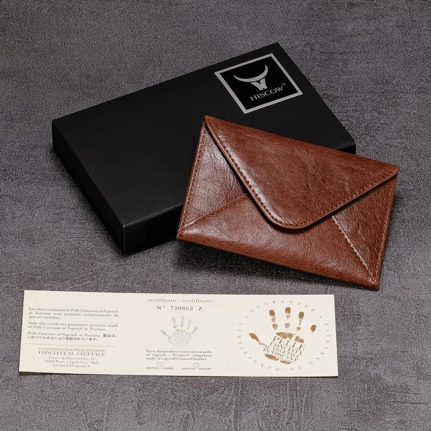 HISCOW Envelope Business Card Case with Magnet Closure - Italian Calfskin (Coffee Vegetable-Tanned Leather)