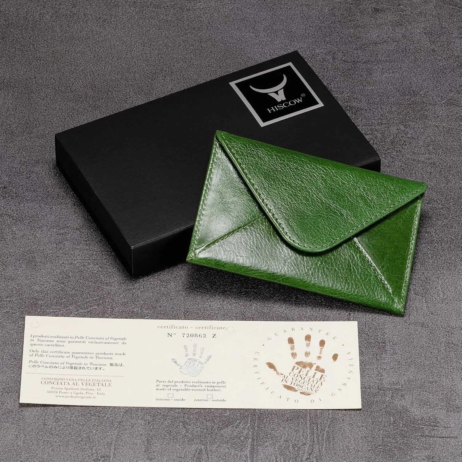 HISCOW Envelope Business Card Case with Magnet Closure - Italian Calfskin (Green Vegetable-Tanned Leather)