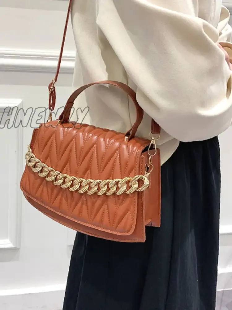 Hnewly - Chevron Chain Flap Satchel Bag  - Women Satchels