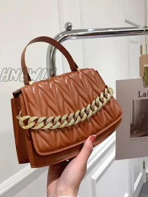 Hnewly - Chevron Chain Flap Satchel Bag  - Women Satchels