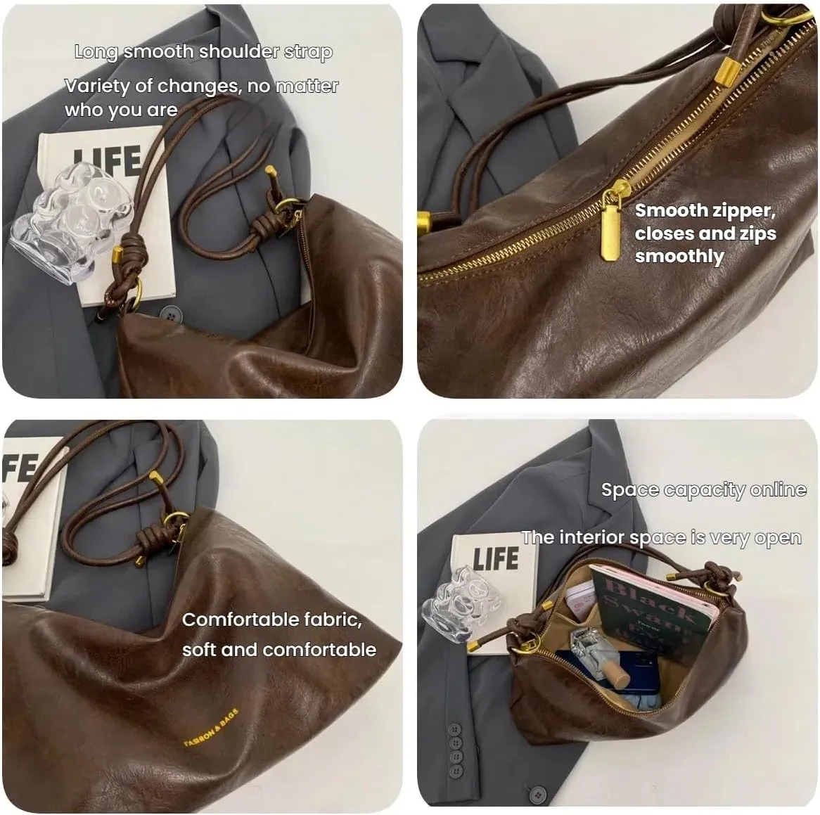 Hobo Bag for Women,Large Soft Trendy Shoulder Handbag, Vintage Crossbody Leather Tote Purses,Slouchy Everyday Bag