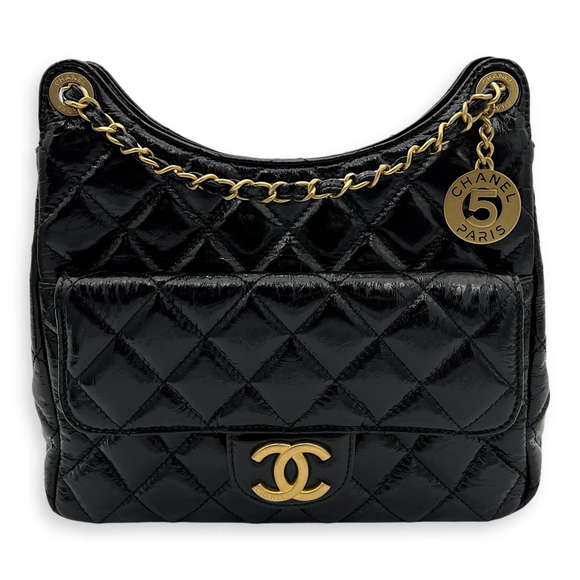 Hobo Black Shoulder Bag in Crinkled Calfskin, Gold hardware