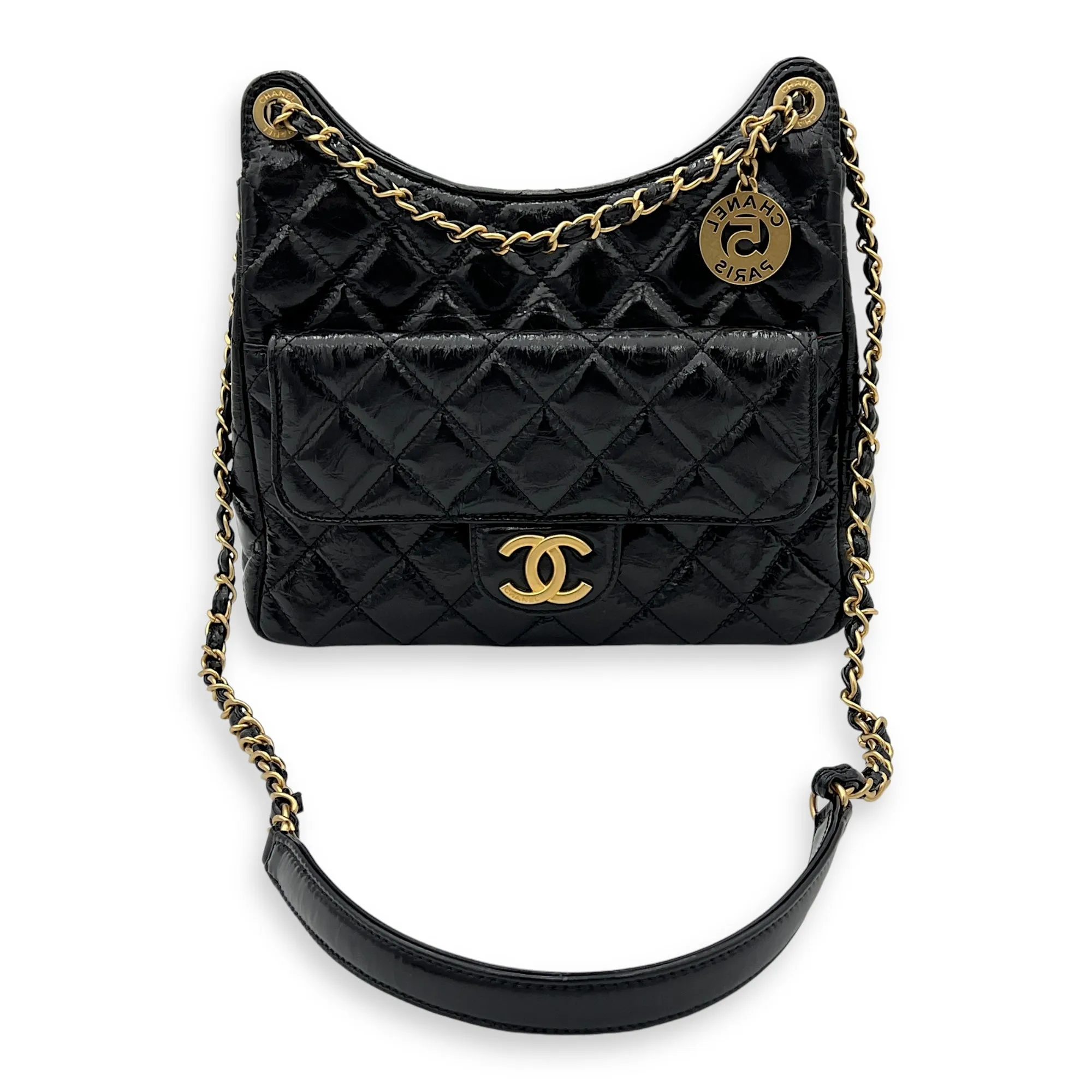 Hobo Black Shoulder Bag in Crinkled Calfskin, Gold hardware