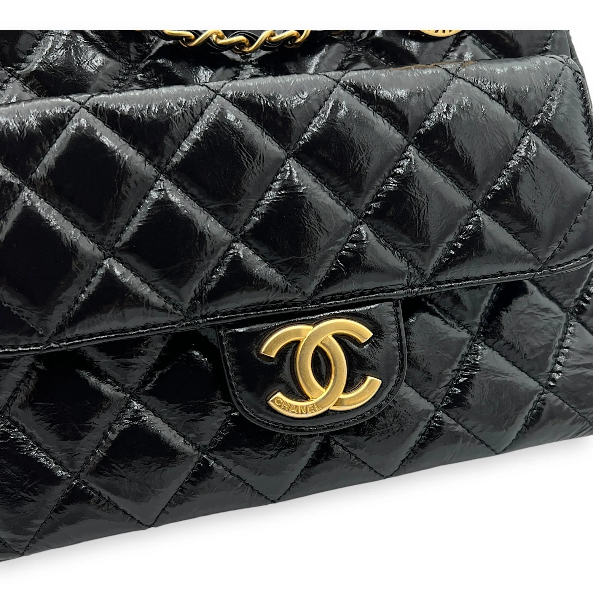 Hobo Black Shoulder Bag in Crinkled Calfskin, Gold hardware