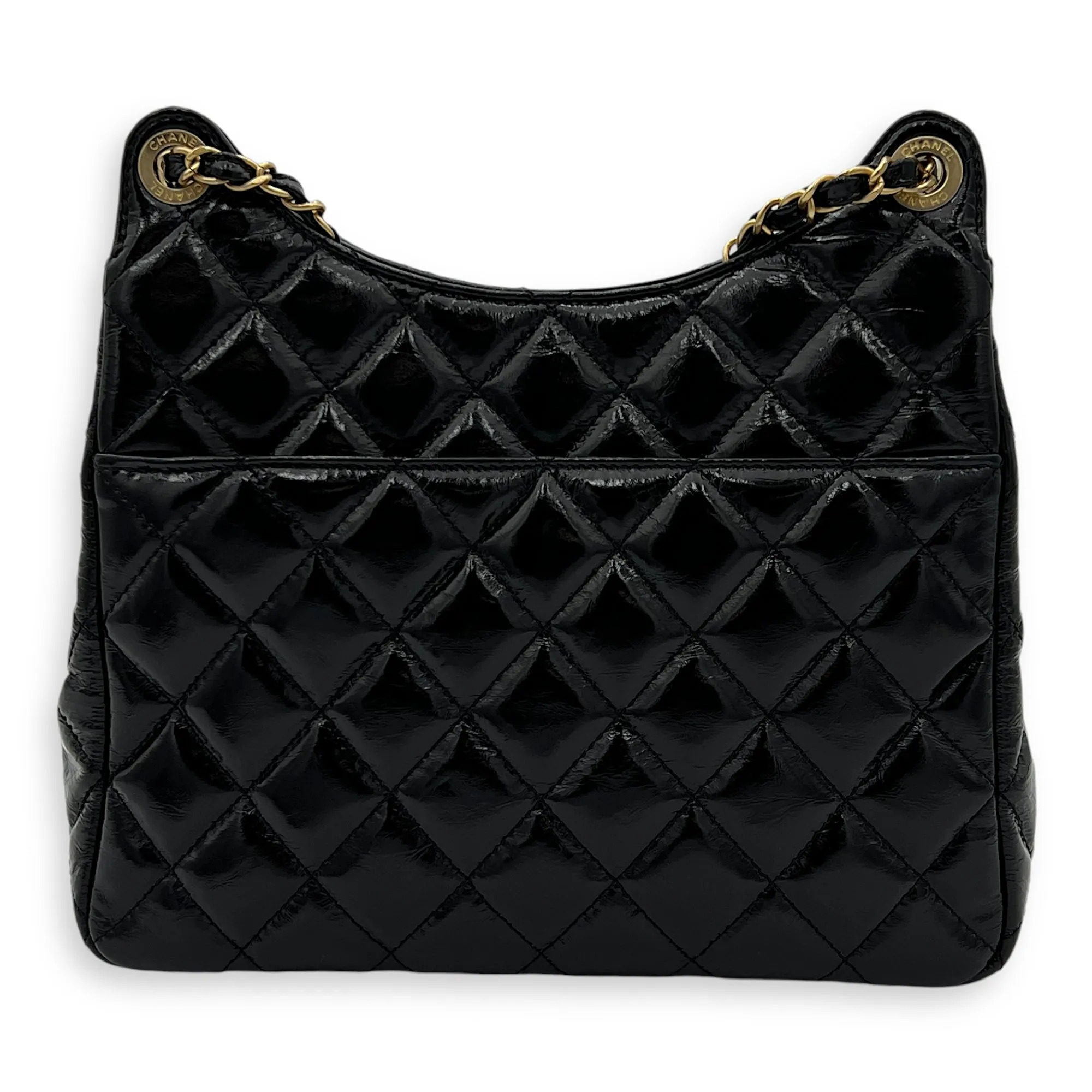 Hobo Black Shoulder Bag in Crinkled Calfskin, Gold hardware