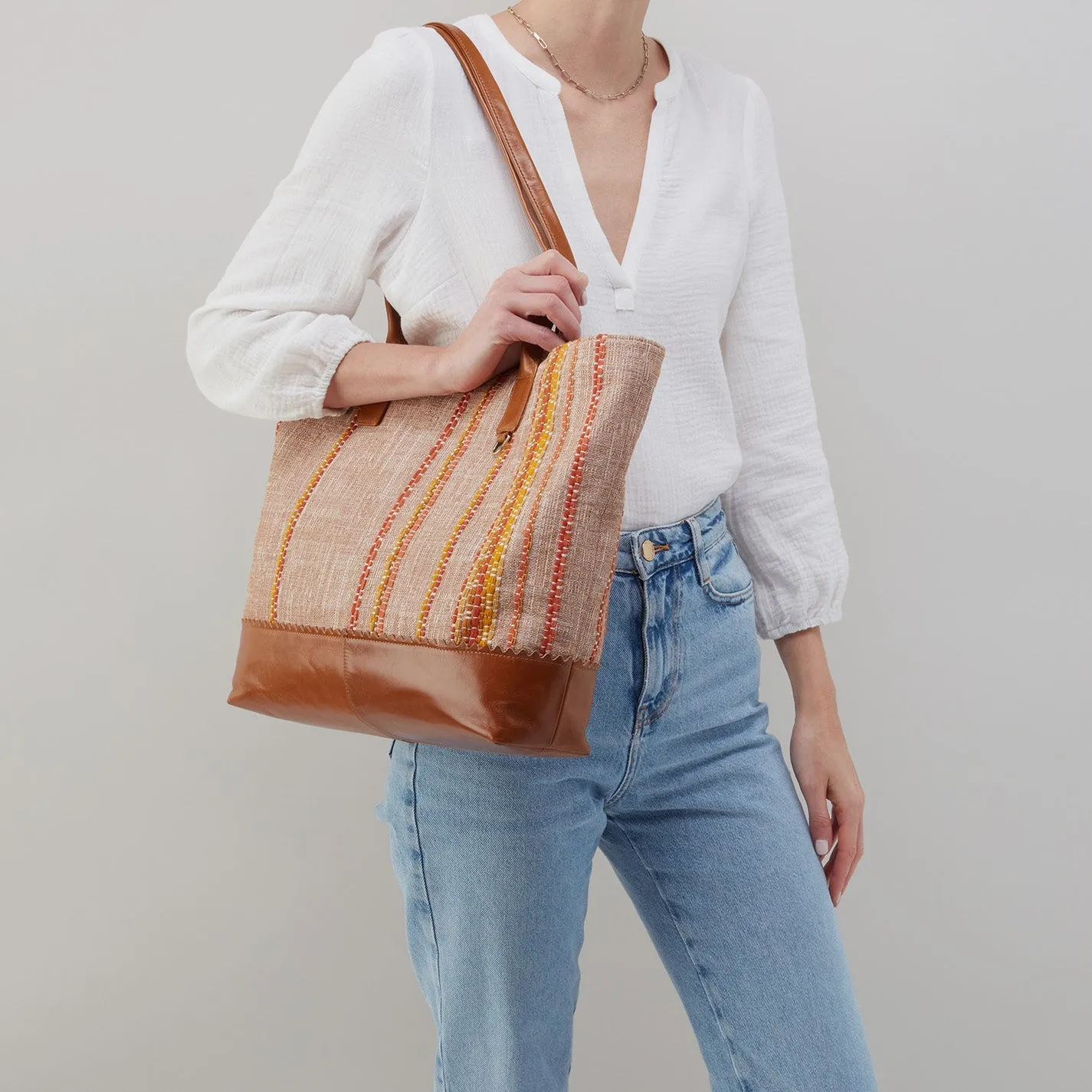 Hobo Shopper Tote Artisan Stripe Linen Canvas/Leather Trim