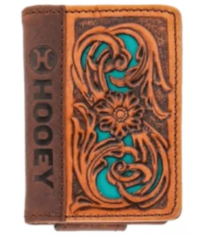 Hooey Men's "Cash" Hand-Tooled Leather Bi-Fold Tan w/ Turquoise Inlay Money Clip Wallet HFW025-TNTQ