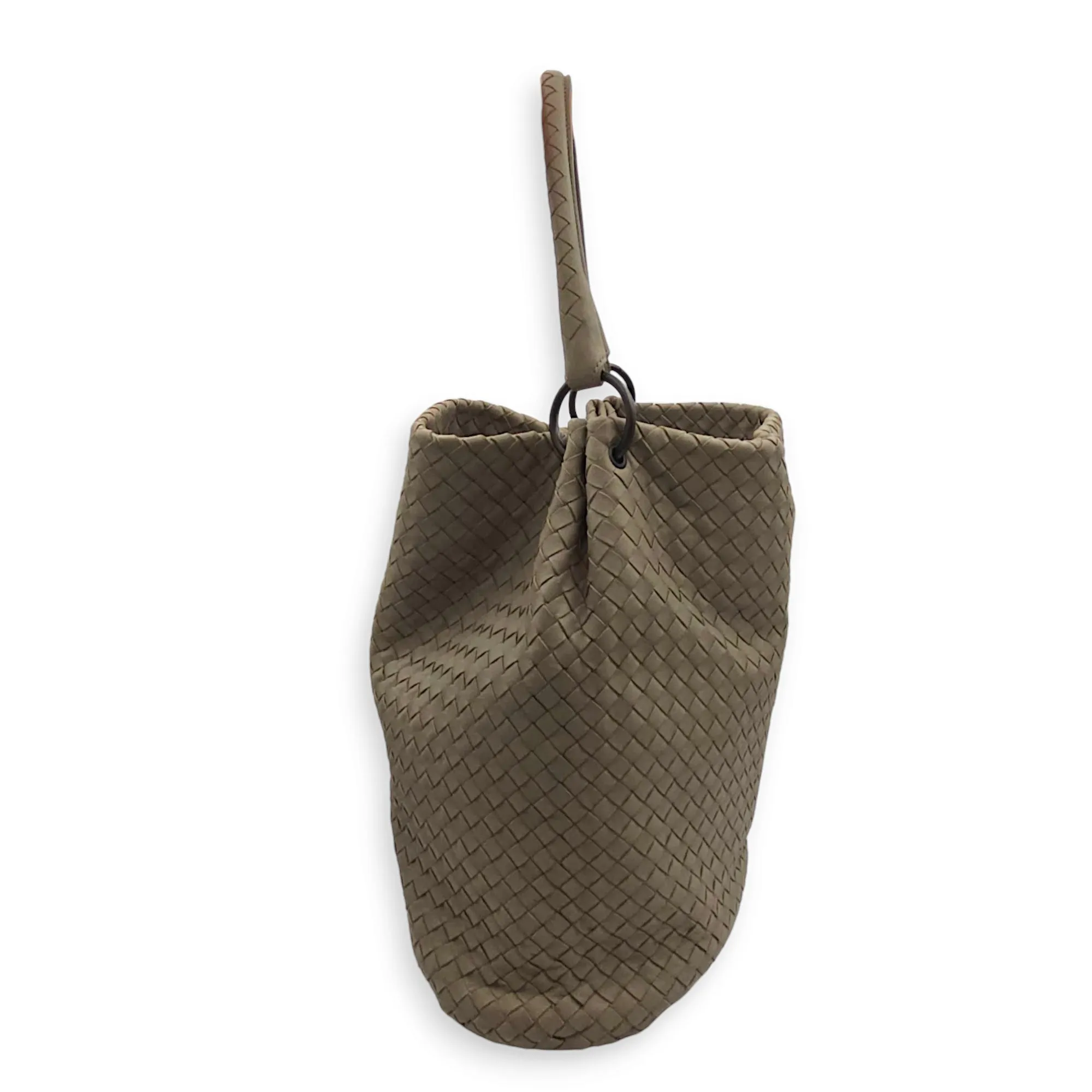Intrecciato Bucket Hobo Grey Shoulder Bag in Nappa Leather, Brunito hardware