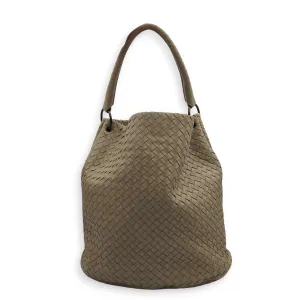 Intrecciato Bucket Hobo Grey Shoulder Bag in Nappa Leather, Brunito hardware