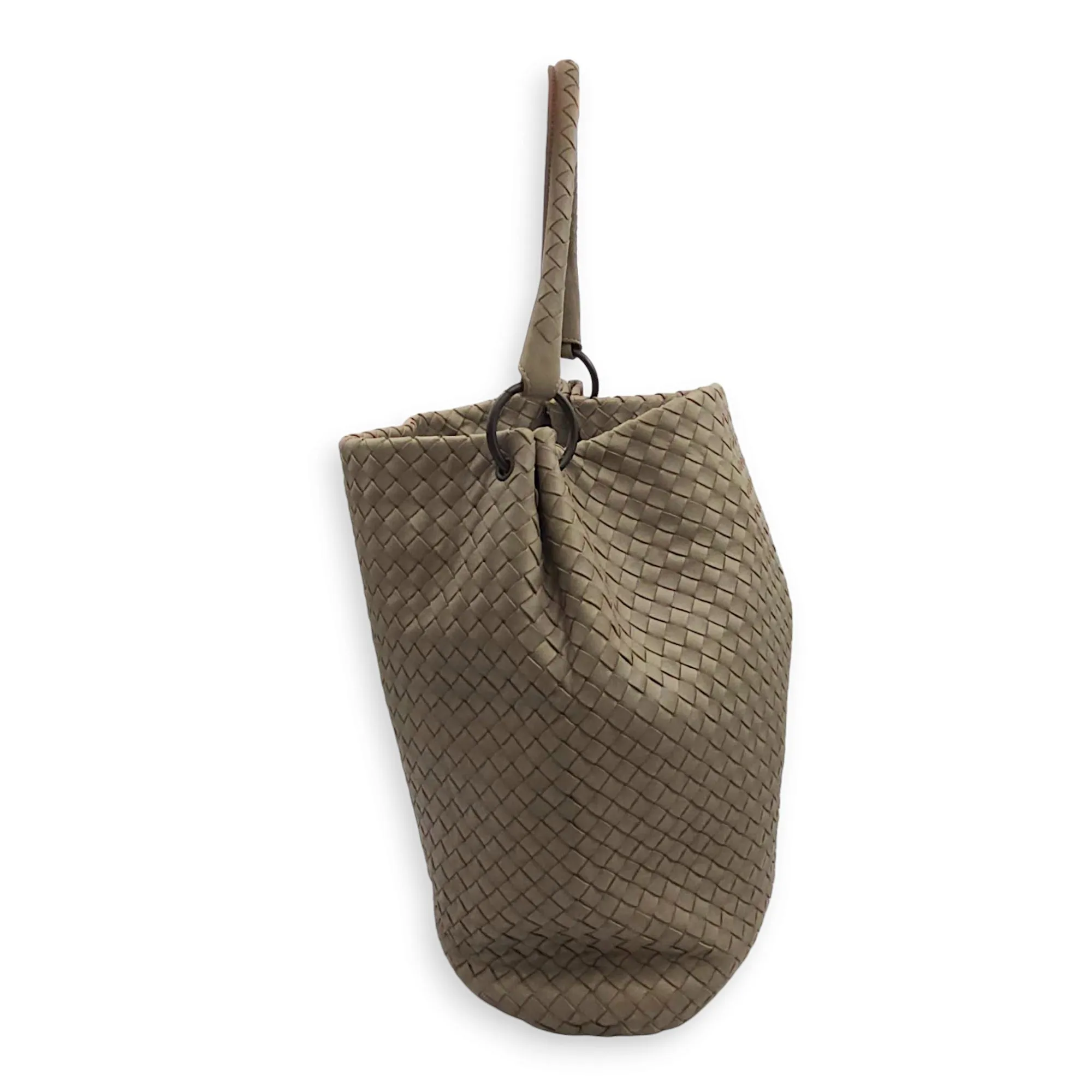 Intrecciato Bucket Hobo Grey Shoulder Bag in Nappa Leather, Brunito hardware