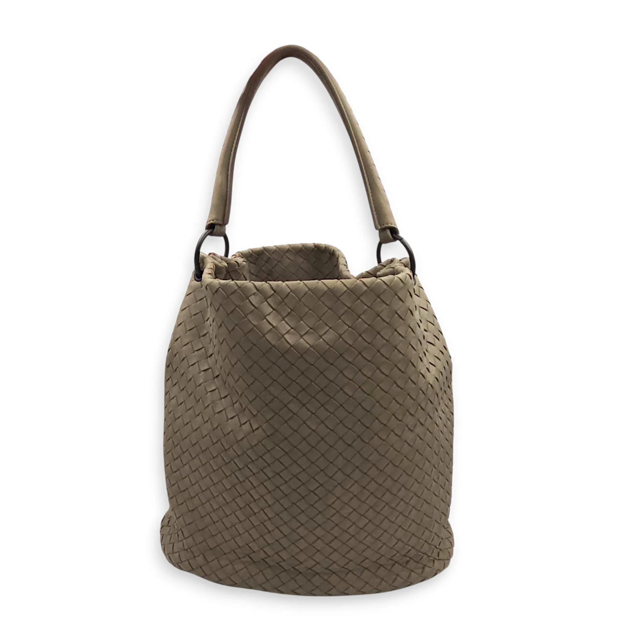 Intrecciato Bucket Hobo Grey Shoulder Bag in Nappa Leather, Brunito hardware