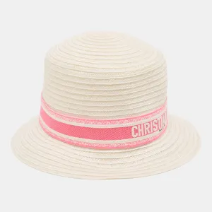 Ivory/Pink Logo Detail Hemp Straw Dioresort Hat Size 58
