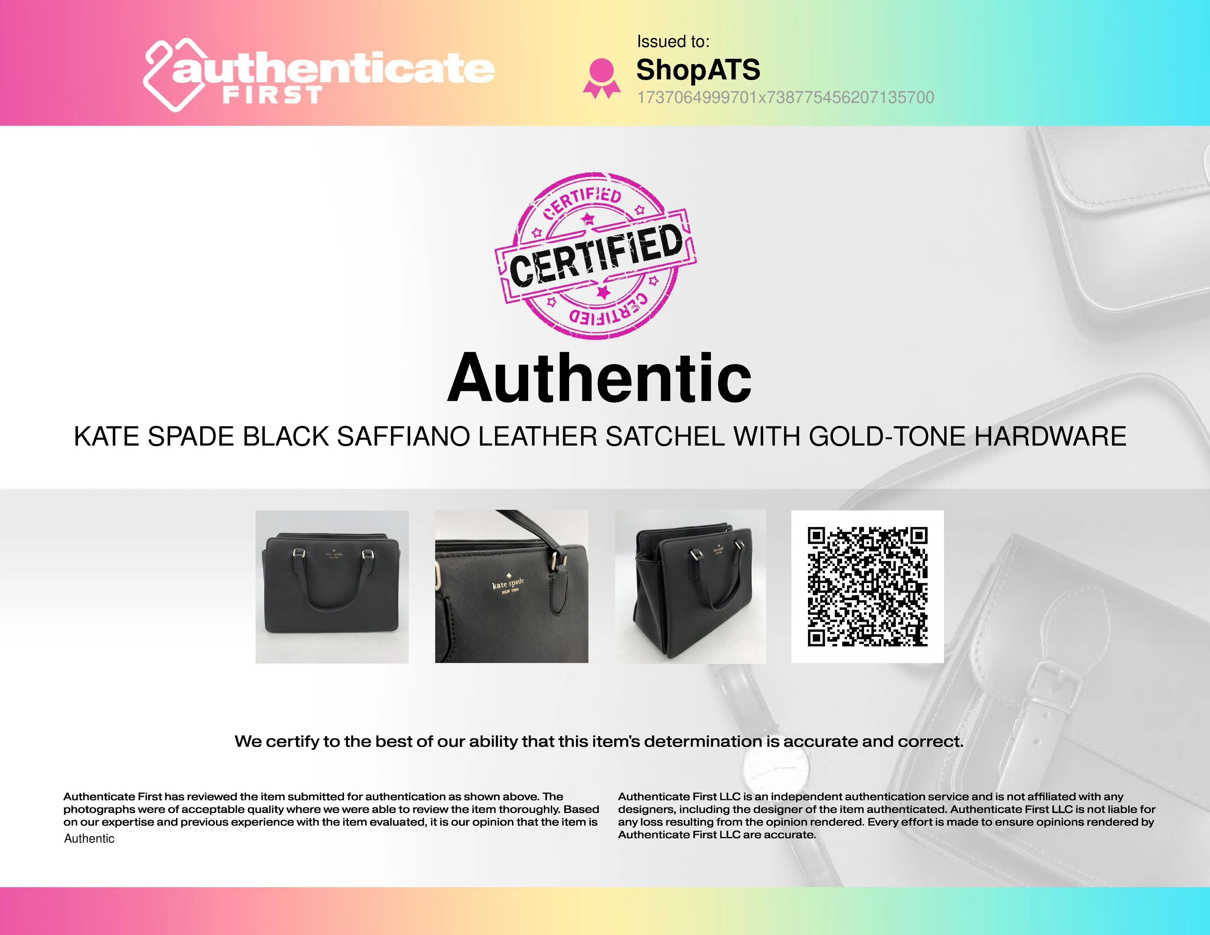 Kate Spade Black Saffiano Leather Satchel with Gold-Tone Hardware ( COA)