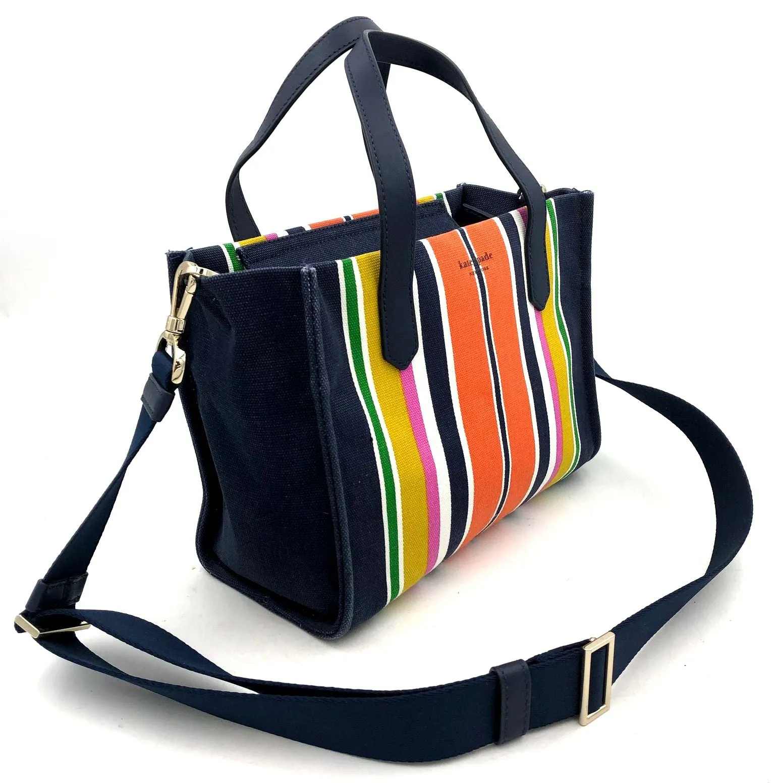 Kate Spade Navy Blue/Multicolor Rainbow Canvas Satchel w/ Leather Accents ( COA)
