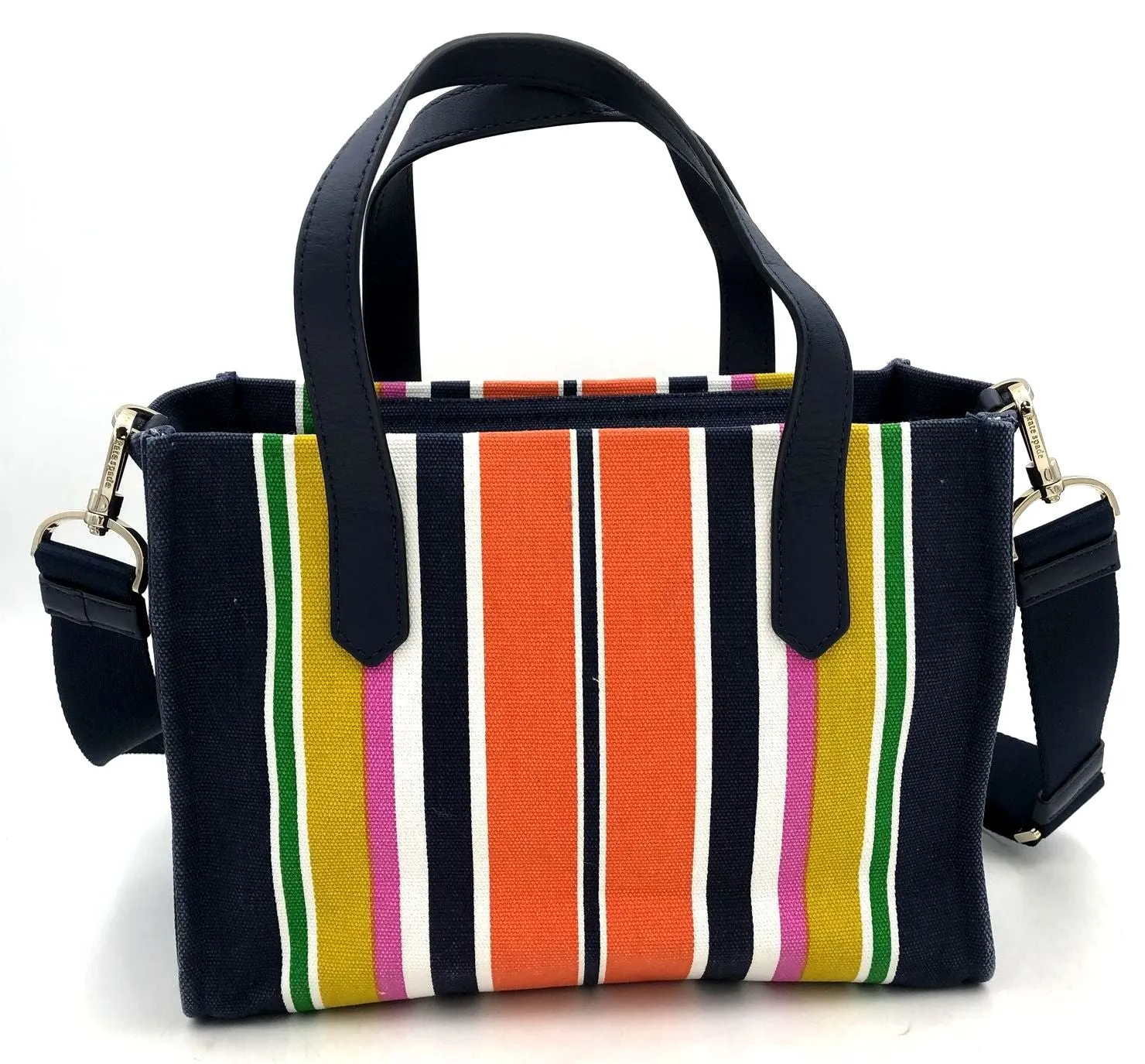 Kate Spade Navy Blue/Multicolor Rainbow Canvas Satchel w/ Leather Accents ( COA)