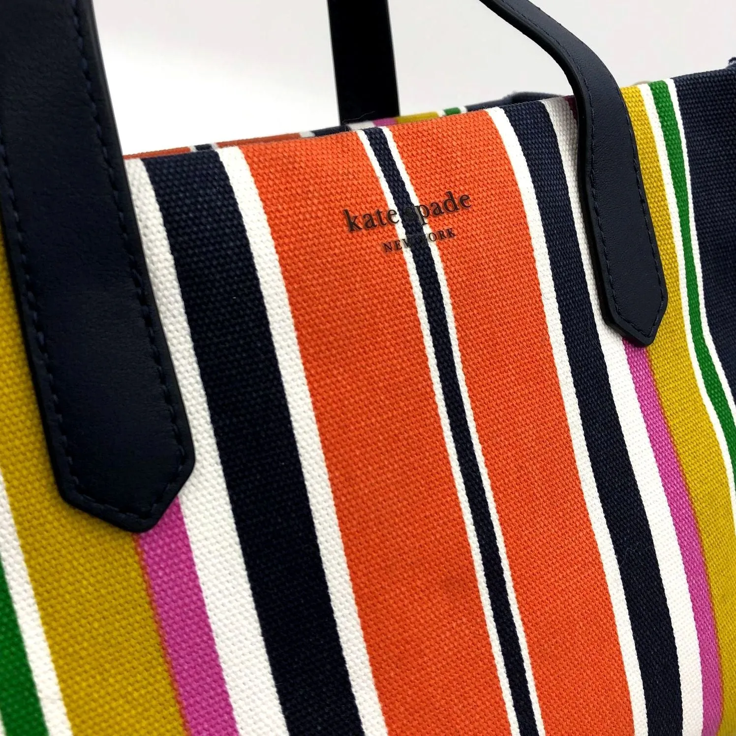 Kate Spade Navy Blue/Multicolor Rainbow Canvas Satchel w/ Leather Accents ( COA)