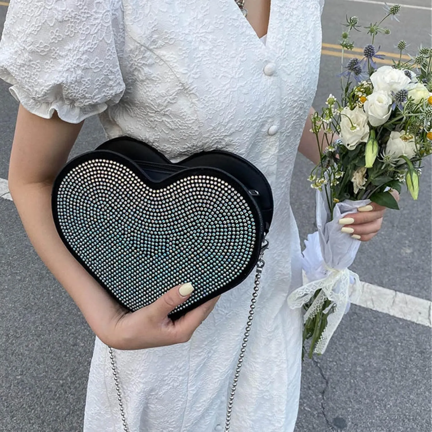 Ladies Bag Fashion Personality Handbag Chain Rhinestone Heart Shoulder Bags Messenger Bag Camera Shoulder (One Size)