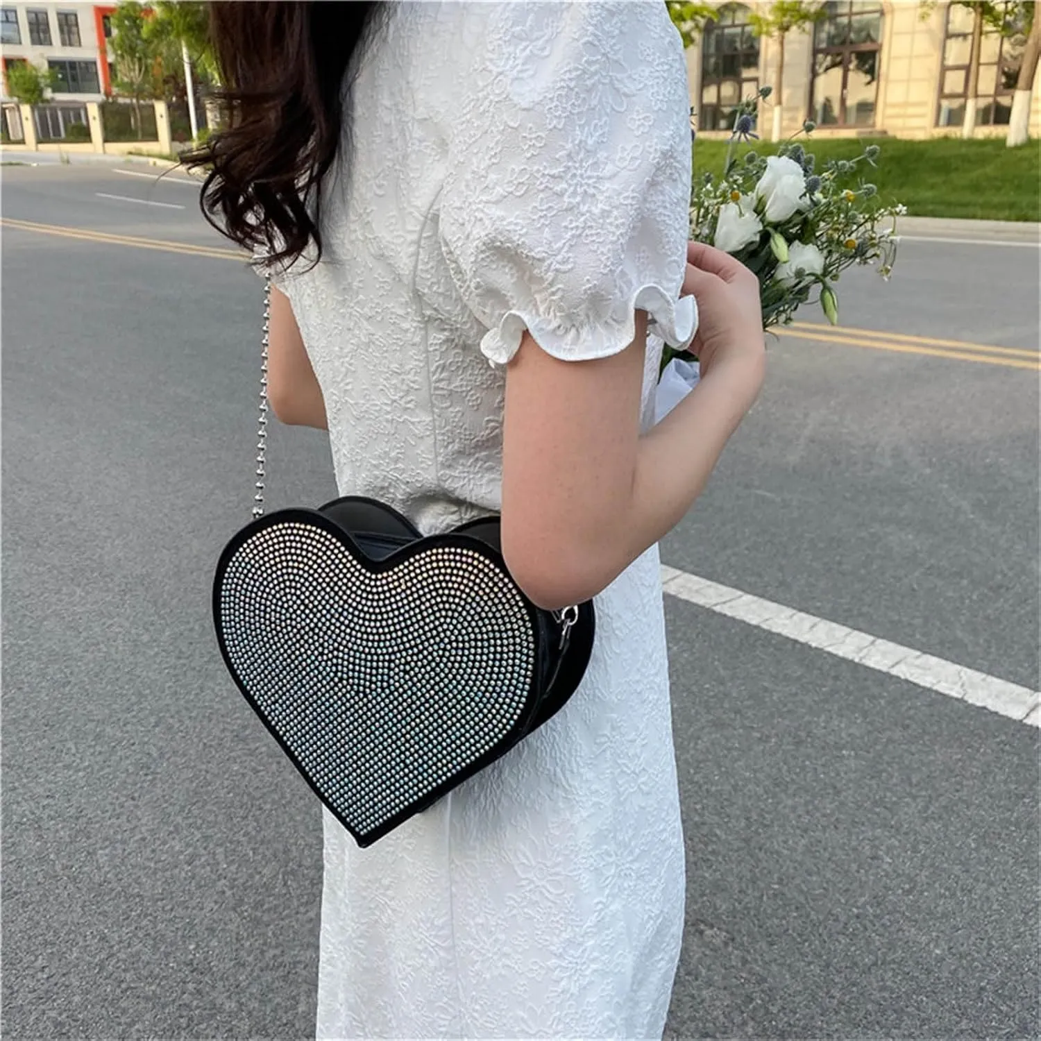 Ladies Bag Fashion Personality Handbag Chain Rhinestone Heart Shoulder Bags Messenger Bag Camera Shoulder (One Size)