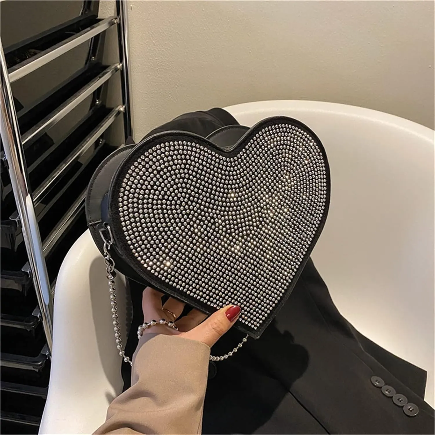 Ladies Bag Fashion Personality Handbag Chain Rhinestone Heart Shoulder Bags Messenger Bag Camera Shoulder (One Size)