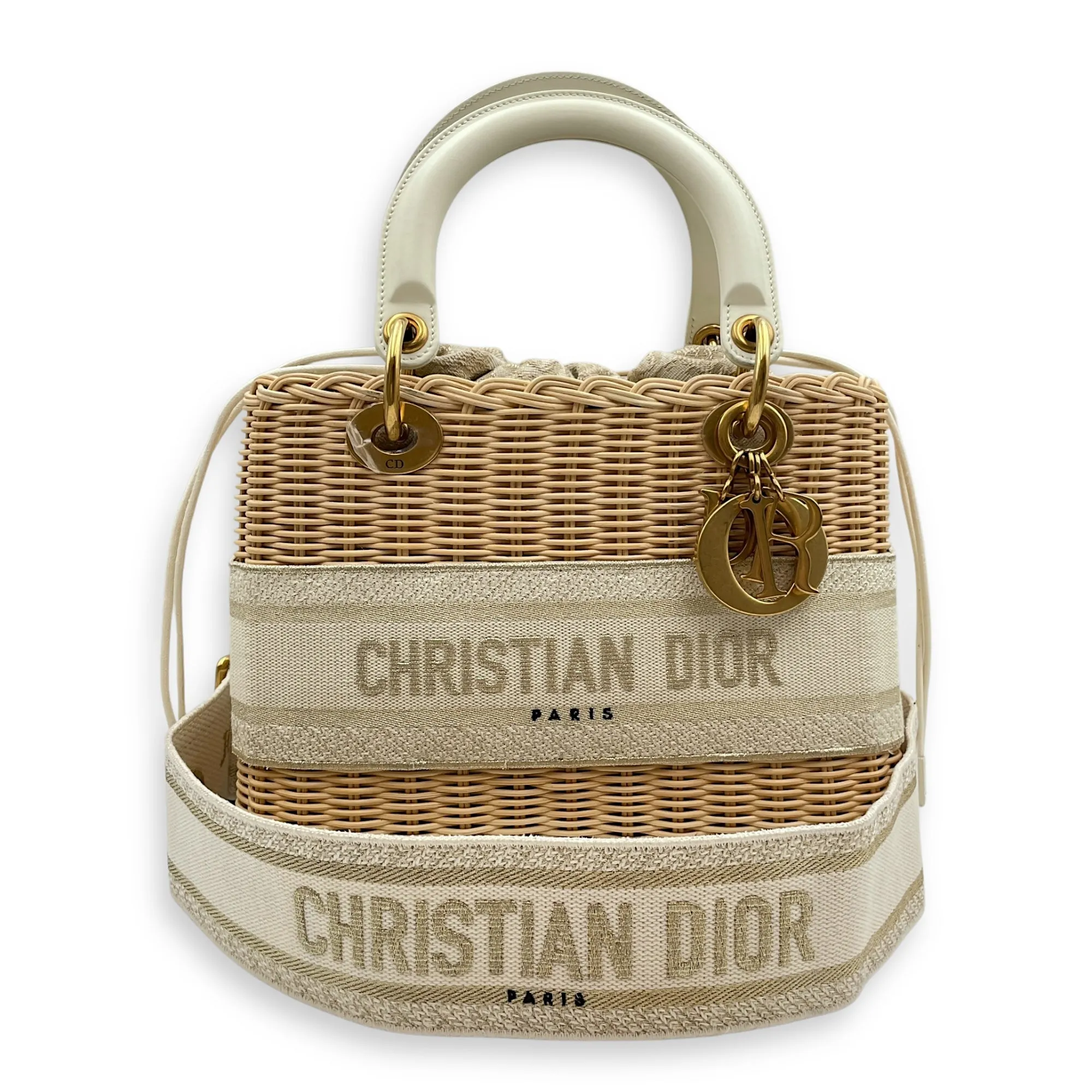 Lady Dior Wicker Medium Multi-colour Crossbody Bag in Rattan, cotton canvas, calf, Gold hardware
