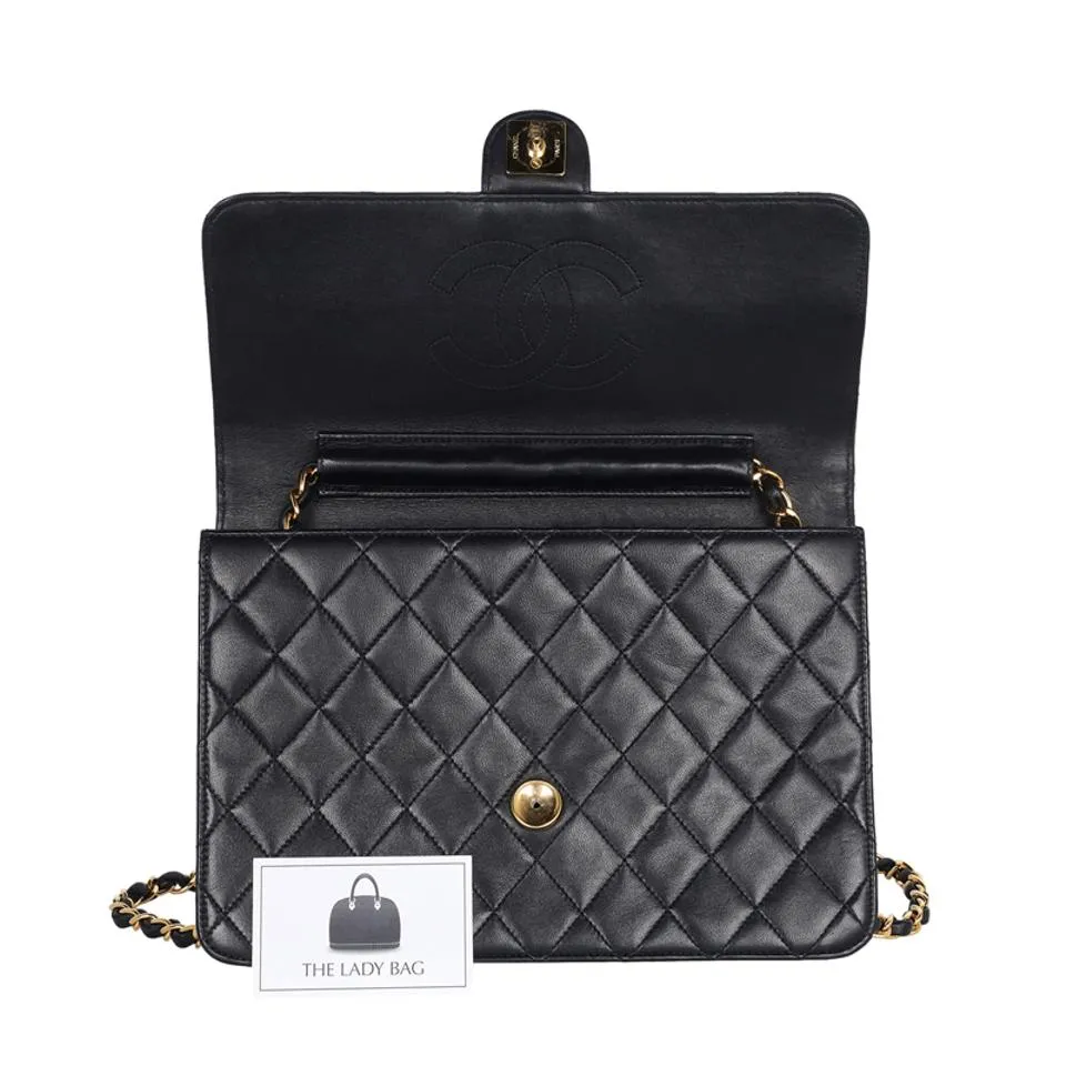 Lambskin Leather Single Flap Shoulder Bag Black