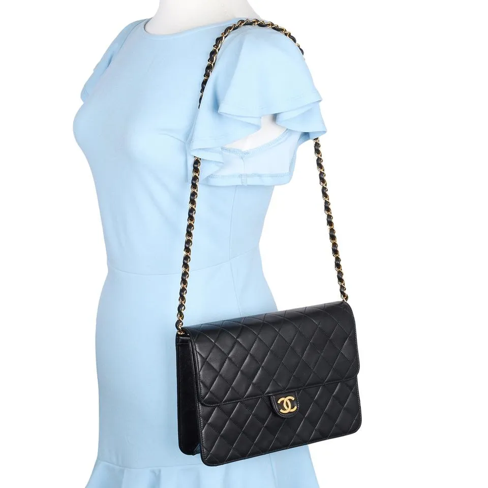 Lambskin Leather Single Flap Shoulder Bag Black