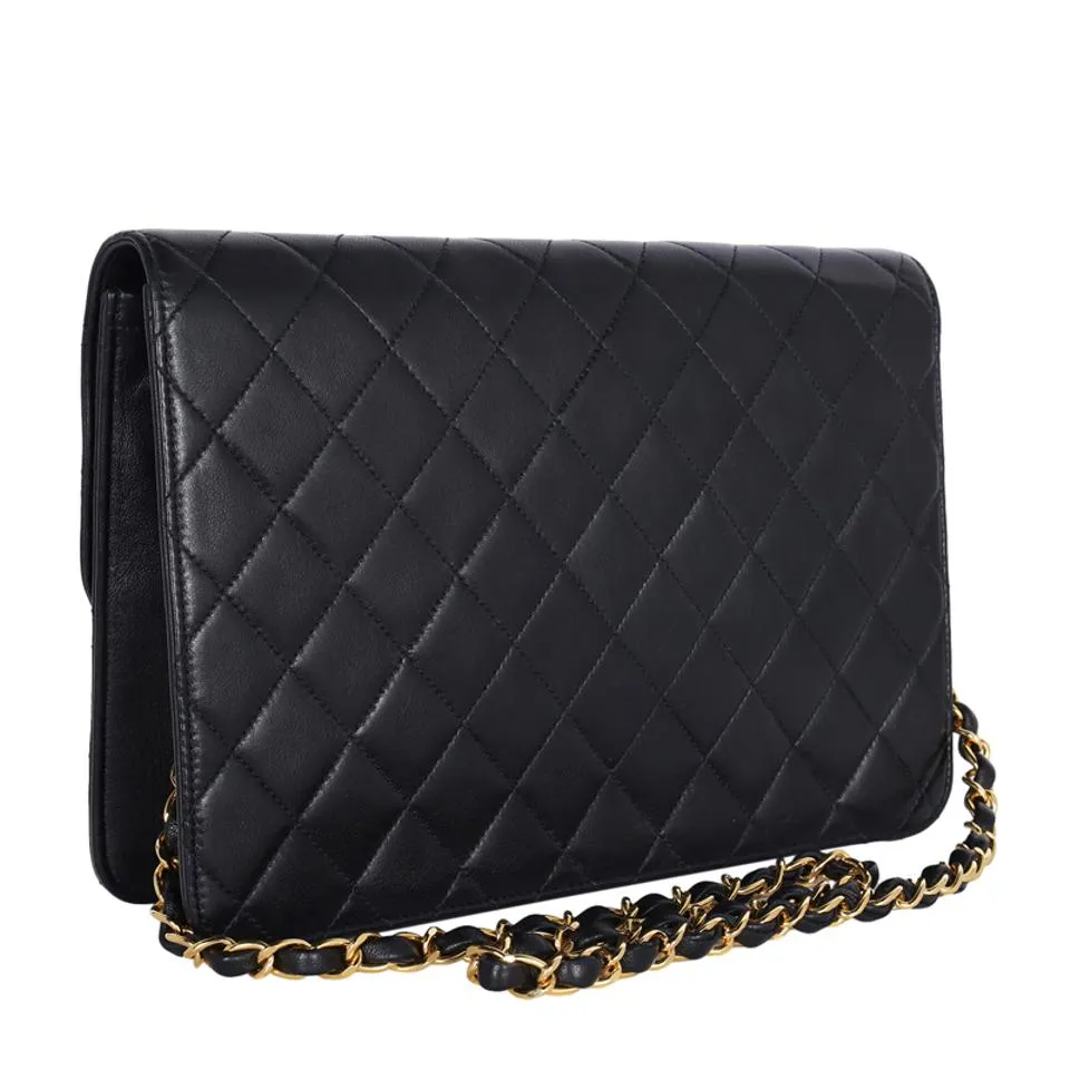 Lambskin Leather Single Flap Shoulder Bag Black