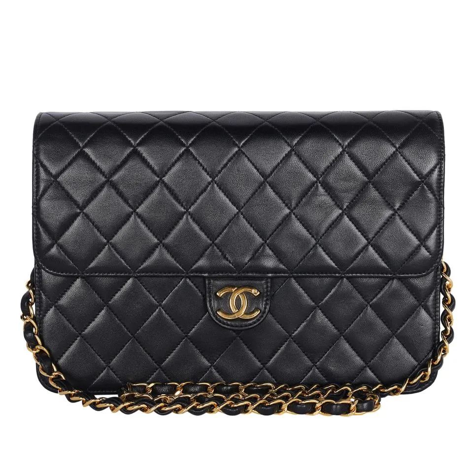 Lambskin Leather Single Flap Shoulder Bag Black