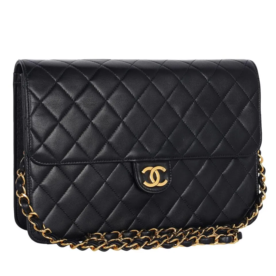 Lambskin Leather Single Flap Shoulder Bag Black