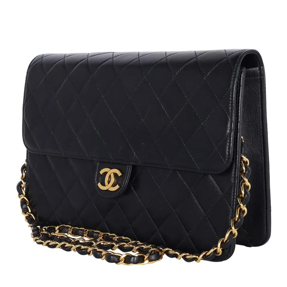 Lambskin Leather Single Flap Shoulder Bag Black