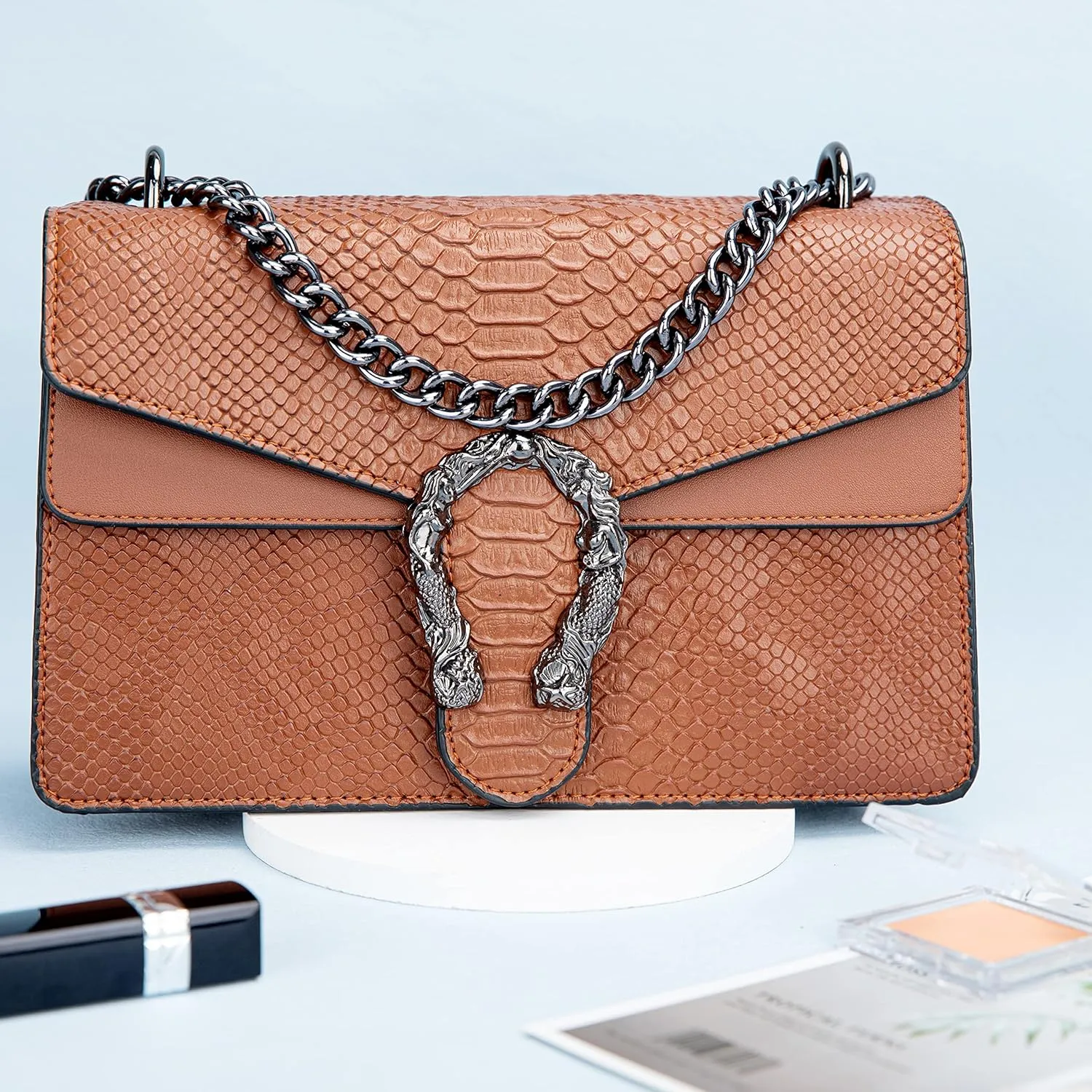 Leather Shoulder Bag Chain Purse for Women - Fashion Crossbody Bags Vintage Snake Print Underarm Bag Square Satchel Handbag