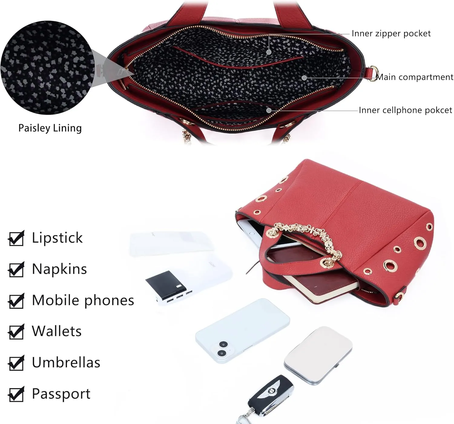 Leather Tote Bag for Women Work Travel Casual Shoulder Crossbody Bags with Strap