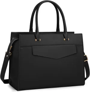 Leather Tote Bag Set - 15.6 inch Laptop Bag with Clutch Purse, Black