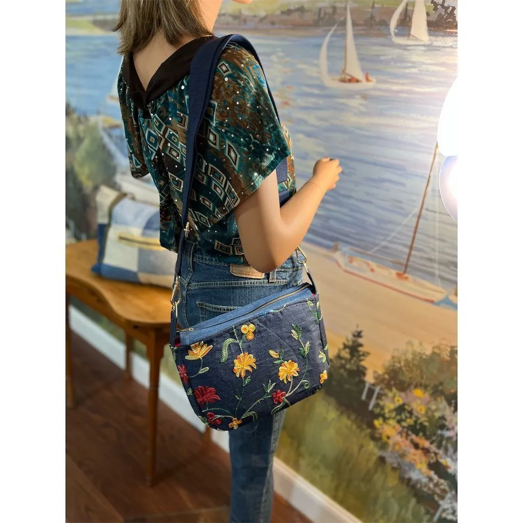 Lidia’s Bags Women's Denim Shoulder Bag Floral Embroidery Casual Blue (828b-26)