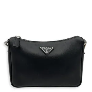 Logo Black Crossbody Bag in Saffiano Leather, Silver hardware