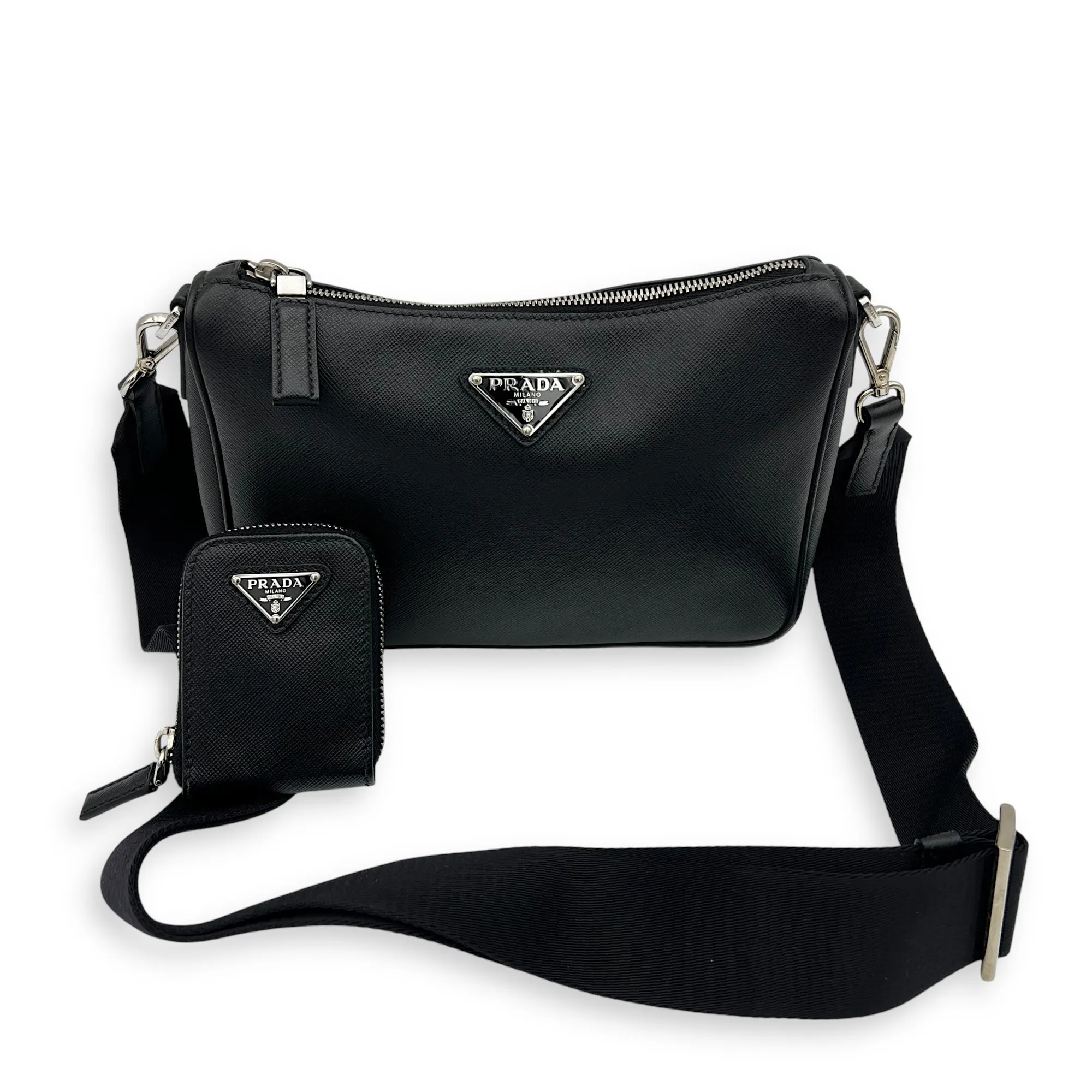 Logo Black Crossbody Bag in Saffiano Leather, Silver hardware