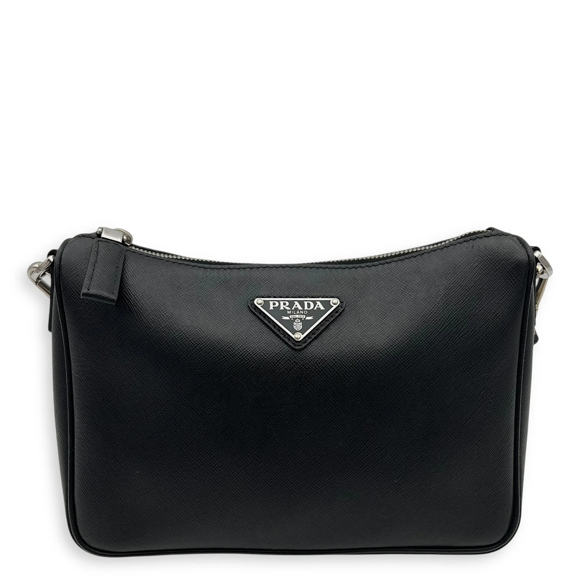Logo Black Crossbody Bag in Saffiano Leather, Silver hardware