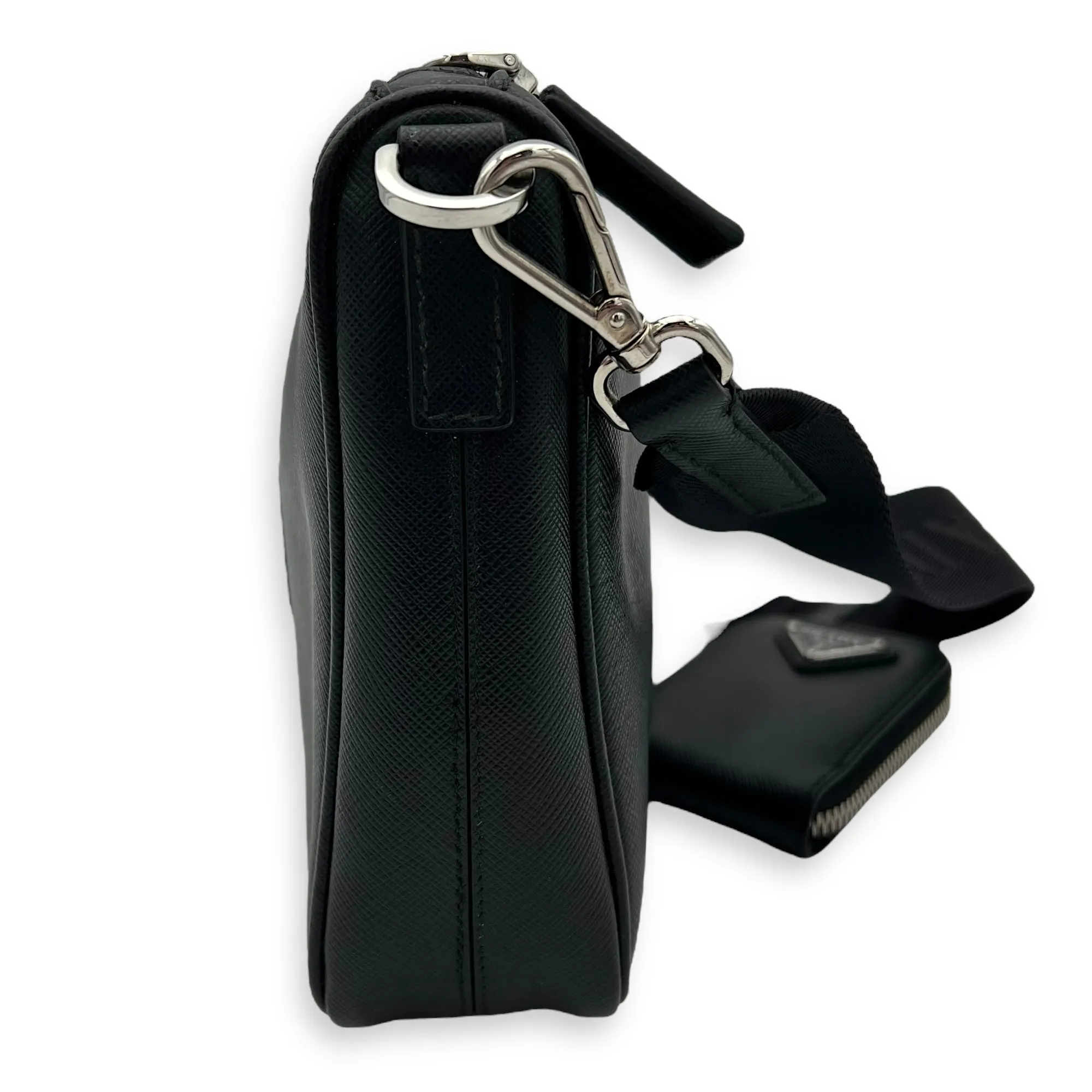 Logo Black Crossbody Bag in Saffiano Leather, Silver hardware