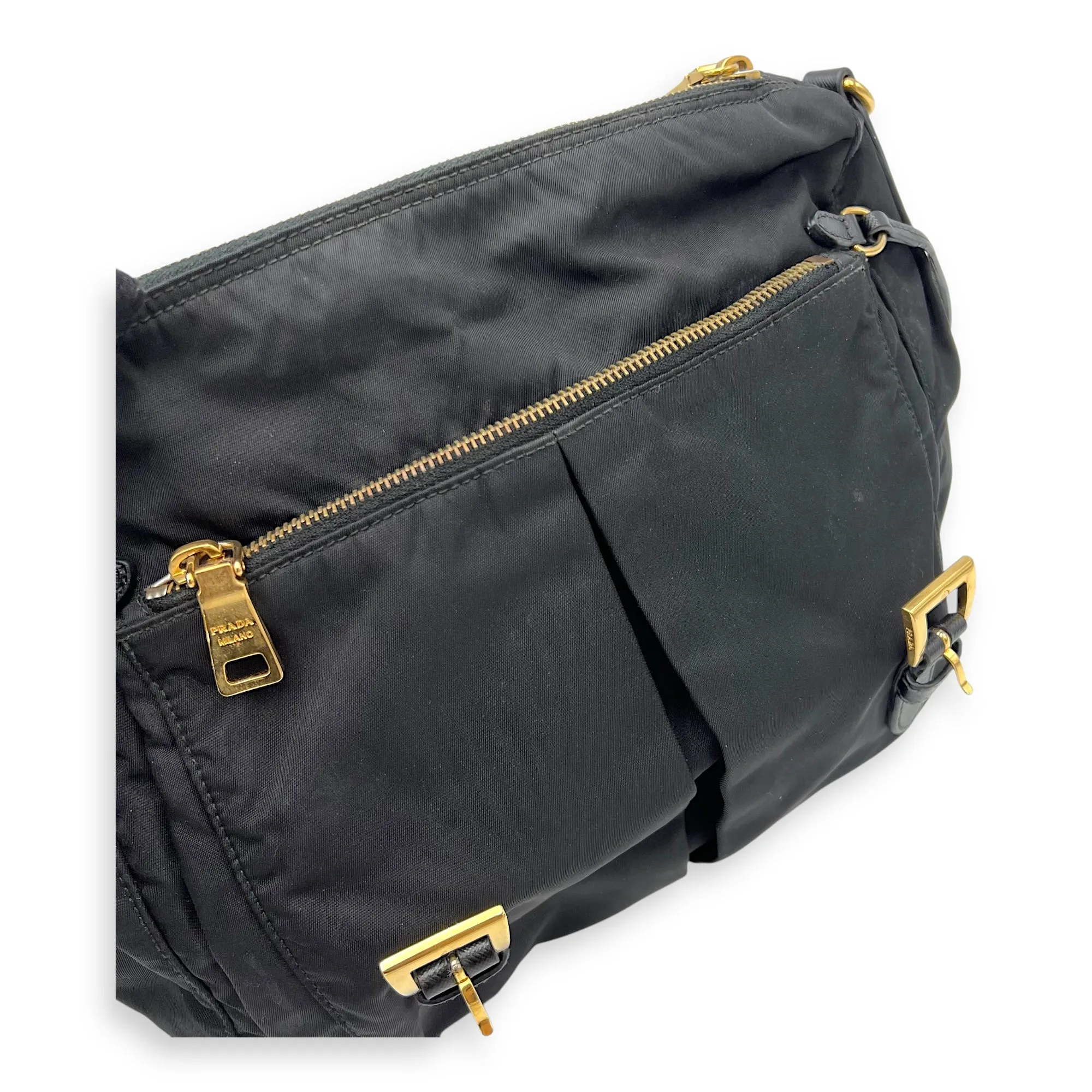 Logo Messenger Black in Nylon, Gold hardware