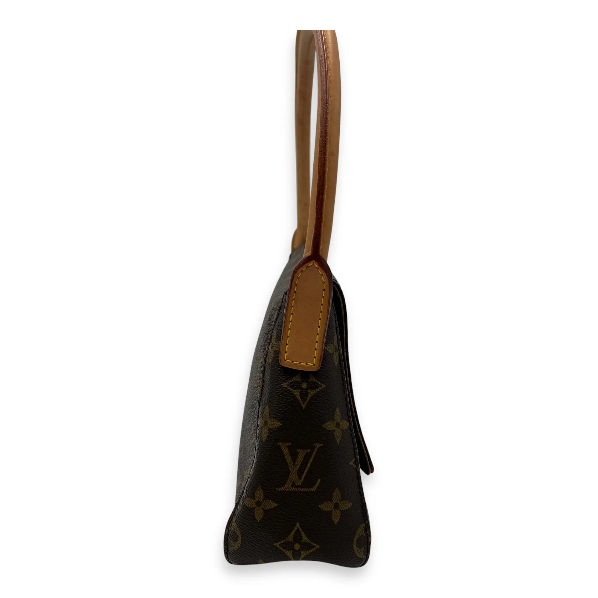 Looping Mini Brown Shoulder Bag in Monogram Coated Canvas, Gold hardware