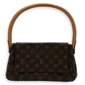 Looping Mini Brown Shoulder Bag in Monogram Coated Canvas, Gold hardware