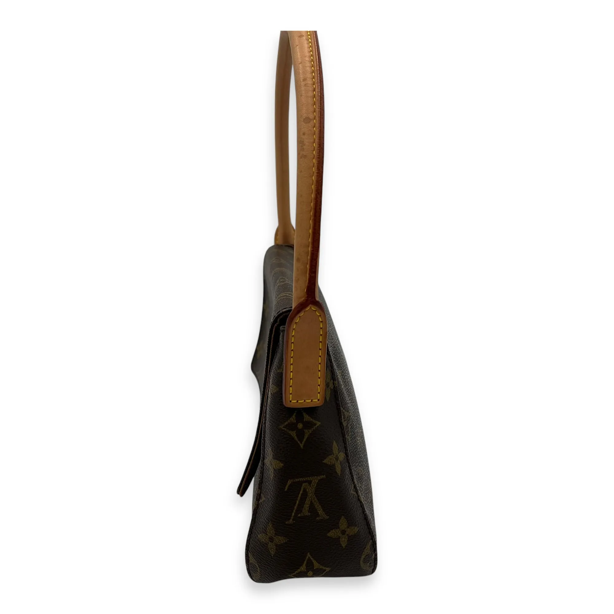 Looping Mini Brown Shoulder Bag in Monogram Coated Canvas, Gold hardware