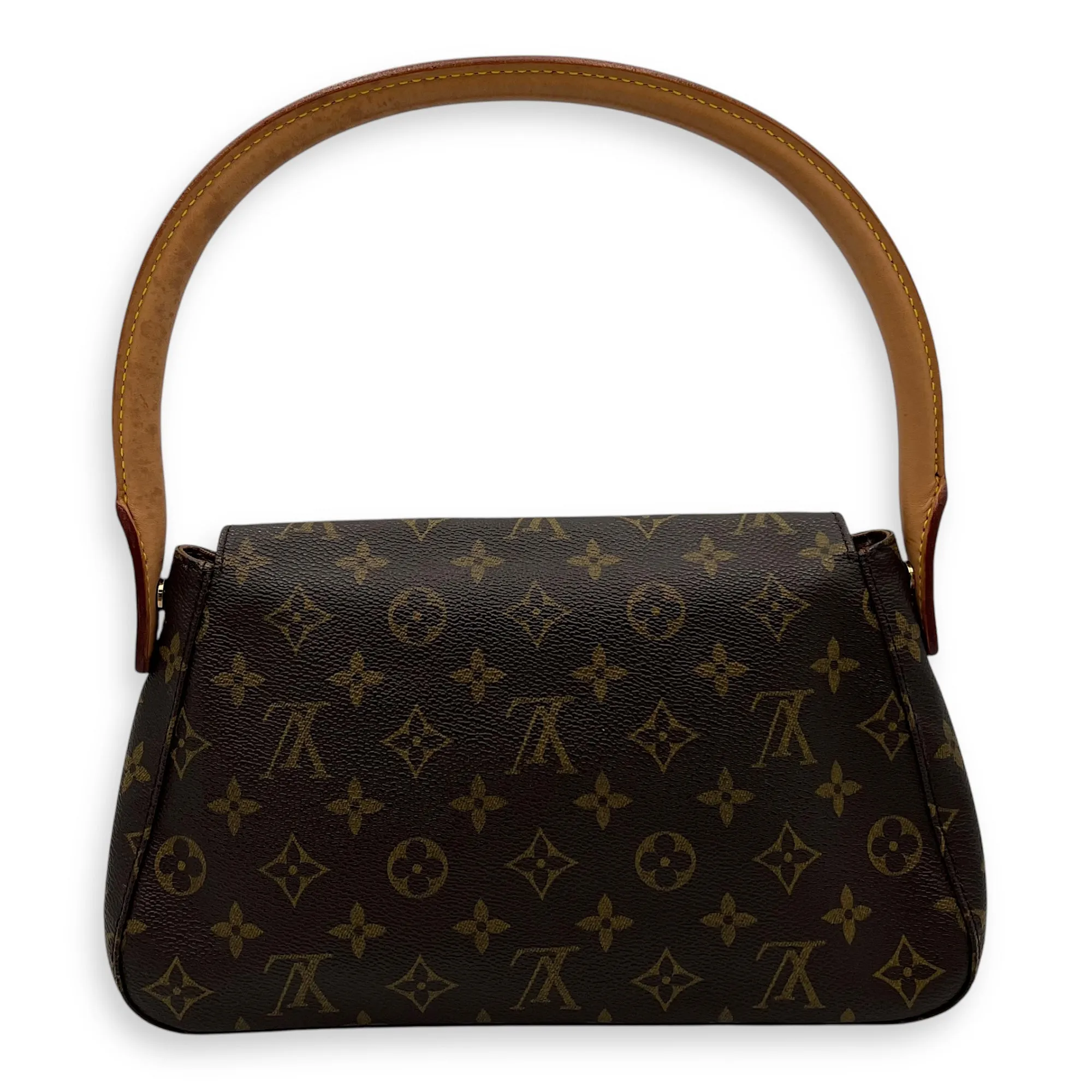 Looping Mini Brown Shoulder Bag in Monogram Coated Canvas, Gold hardware