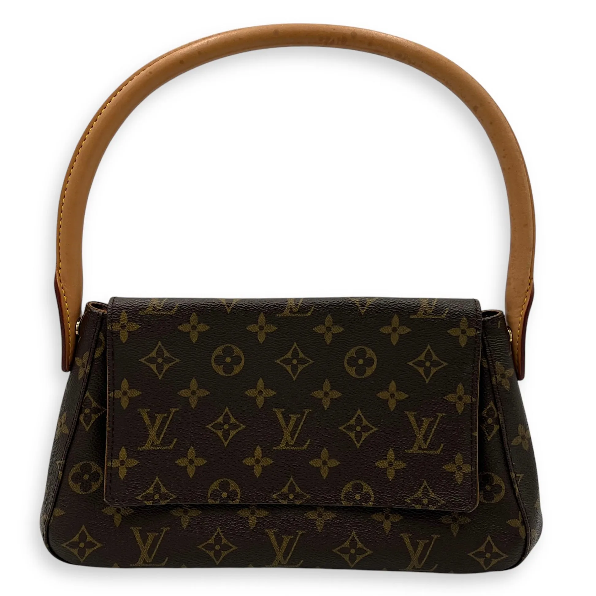 Looping Mini Brown Shoulder Bag in Monogram Coated Canvas, Gold hardware