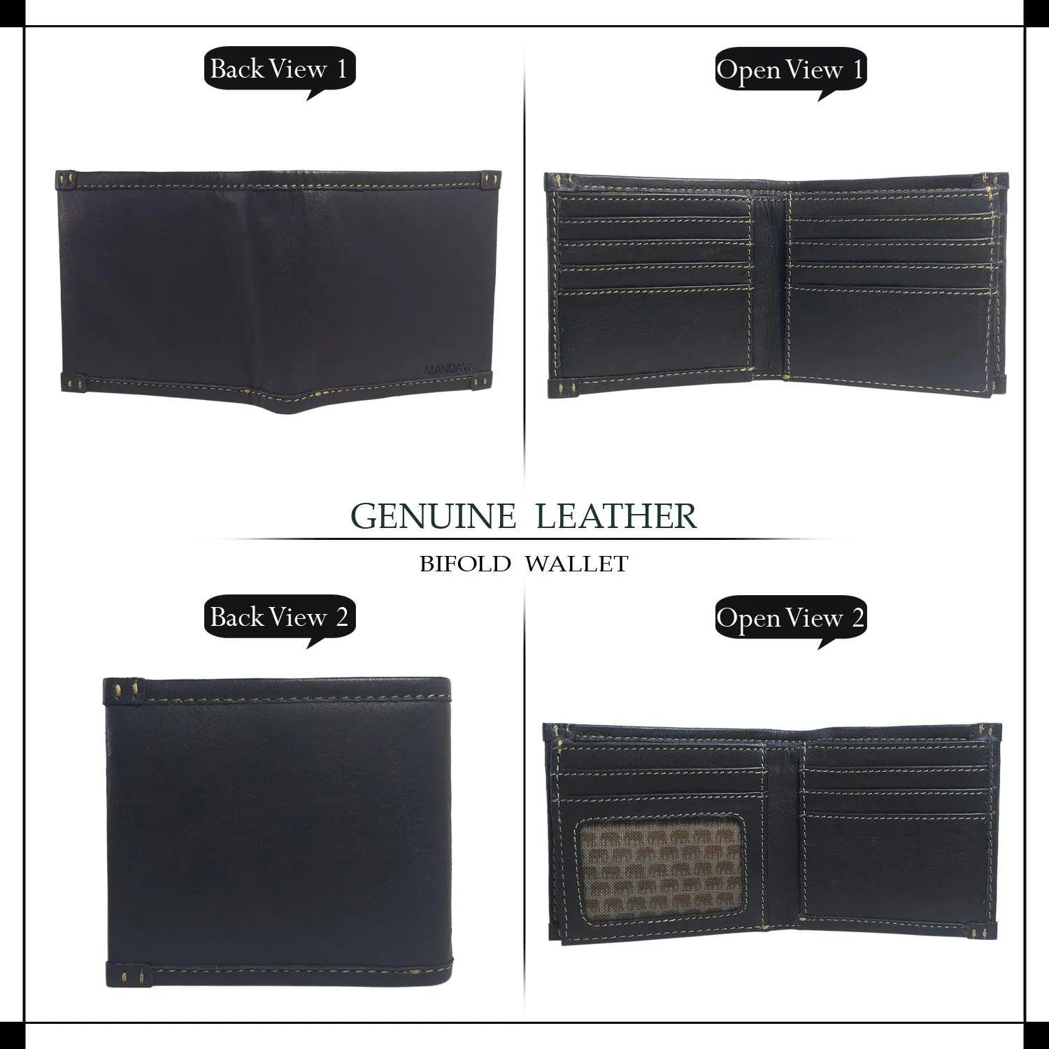 MANDAVA Genuine Leather Men's Casual Bifold Wallet Card Holder