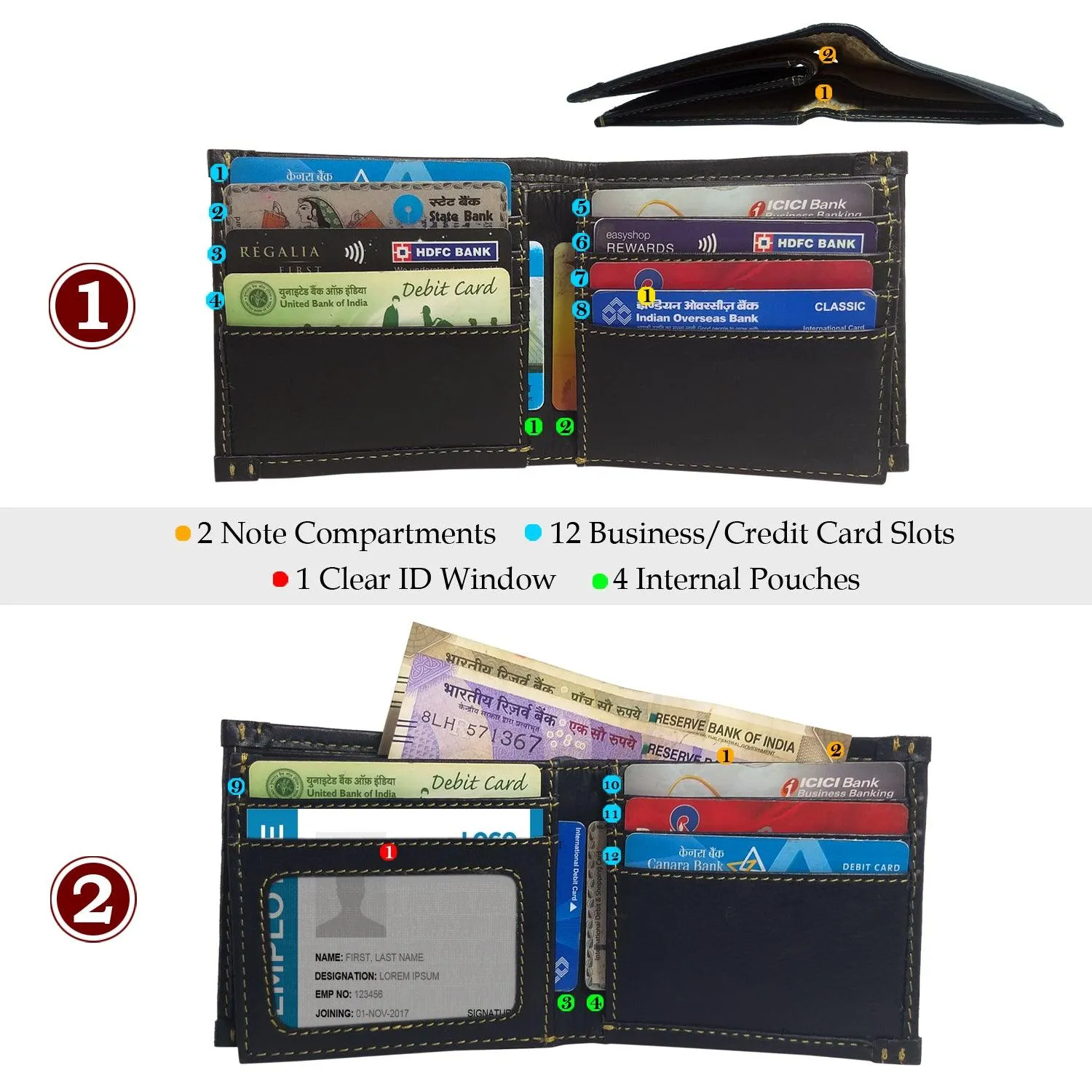 MANDAVA Genuine Leather Men's Casual Bifold Wallet Card Holder