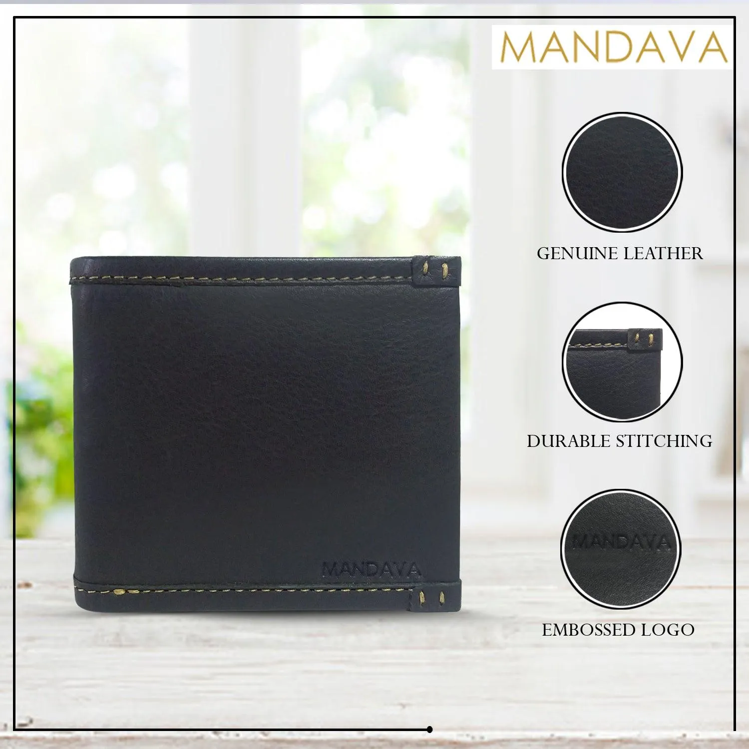 MANDAVA Genuine Leather Men's Casual Bifold Wallet Card Holder