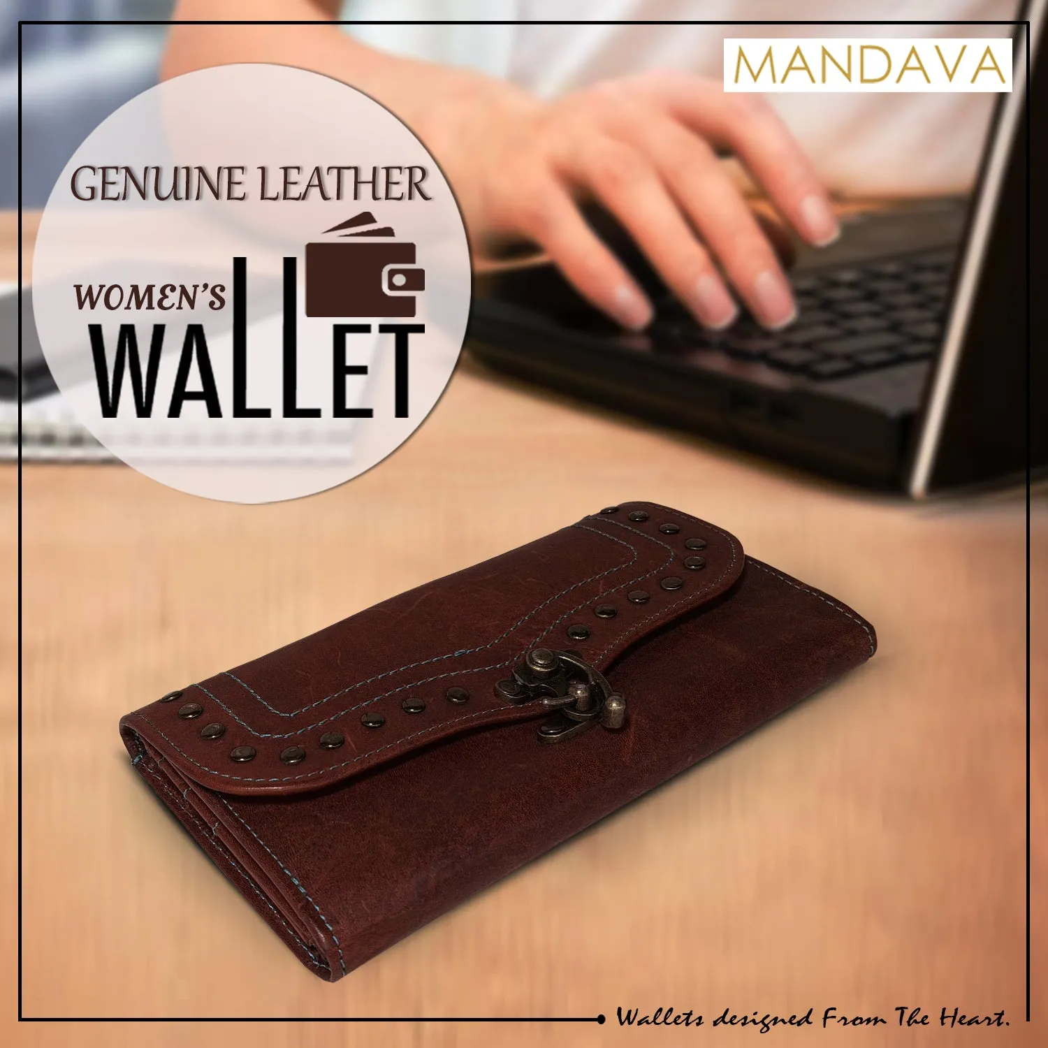 MANDAVA Women's Genuine Leather Slim Wallet | Ladies Compact Card Holder Trifold Long Purse