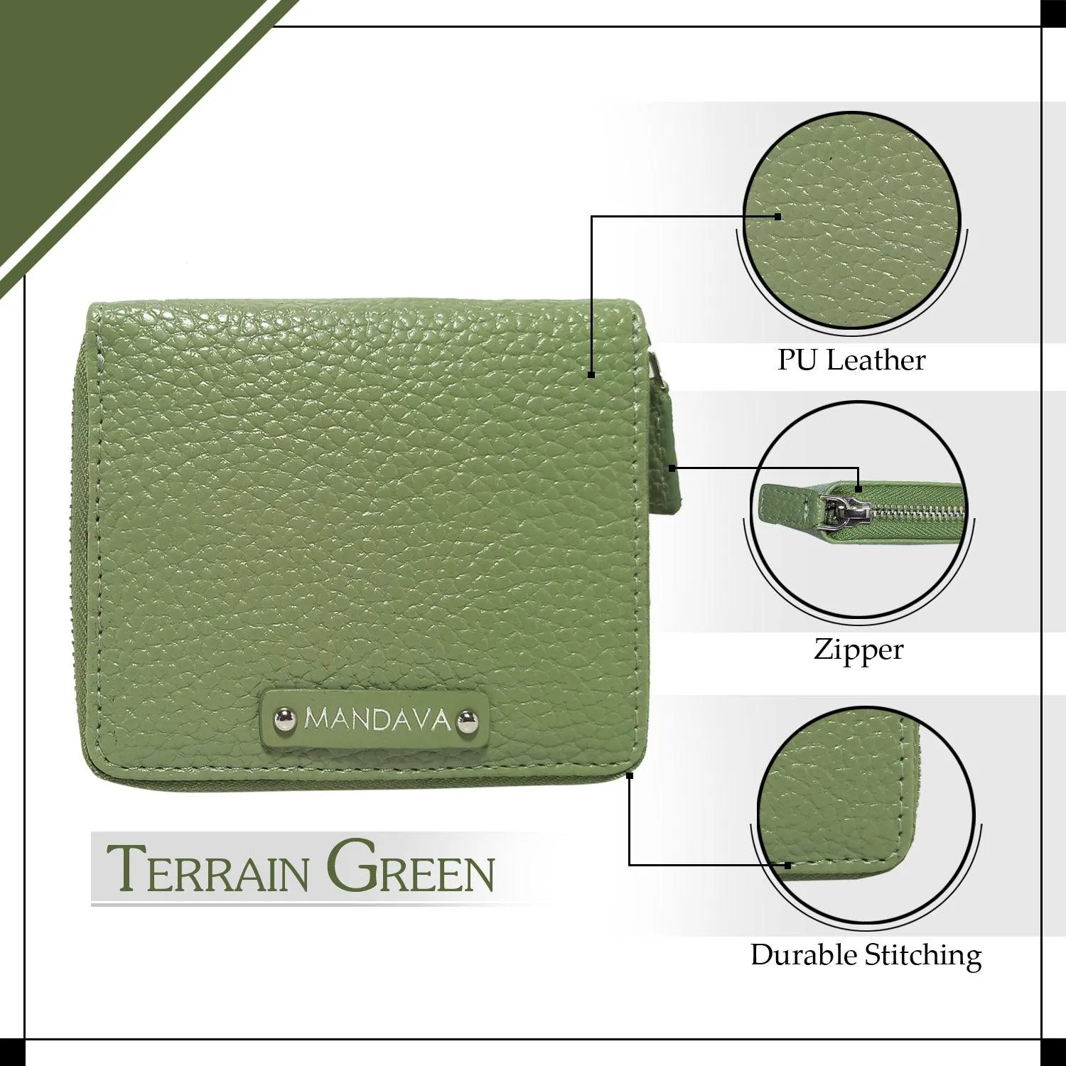 MANDAVA Women's Small Bifold PU Leather Wallet | Ladies Slim Compact Card Holder Organizer Zipper Coin Purse (Terrain Green)